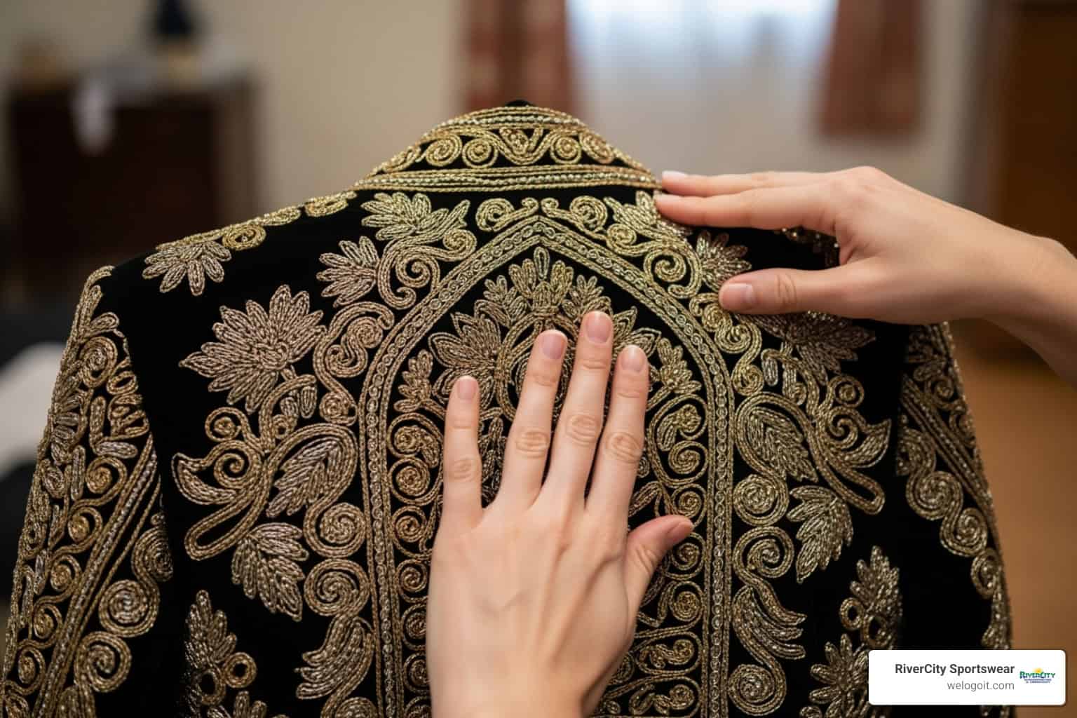 Someone gently folding an embroidered jacket for storage. - embroidery for jackets Someone gently folding an embroidered jacket for storage. - embroidery for jackets